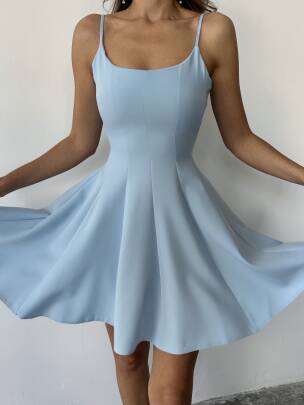 TENRA KARE YAKA BEL OTURTMALI ATLAS KUMAŞ MAVİ MİNİ ELBİSE  - MAXMOOR