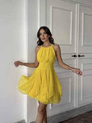LİMEİRA ŞİFON OMUZ DEKOLTELİ SARI ELBİSE - MAXMOOR
