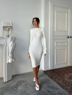 LİNY Triko Elbise 245005 - Beyaz - MAXMOOR