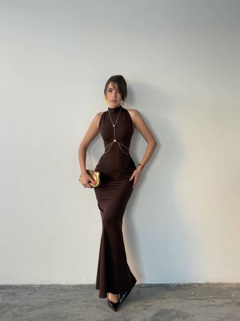 LUY Maxi Elbise 3097 - Acı Kahve - 4