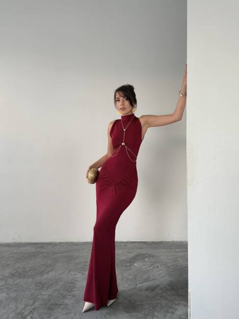 LUY Maxi Elbise 3097 - Bordo - 2