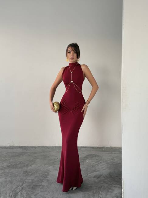 LUY Maxi Elbise 3097 - Bordo - 1