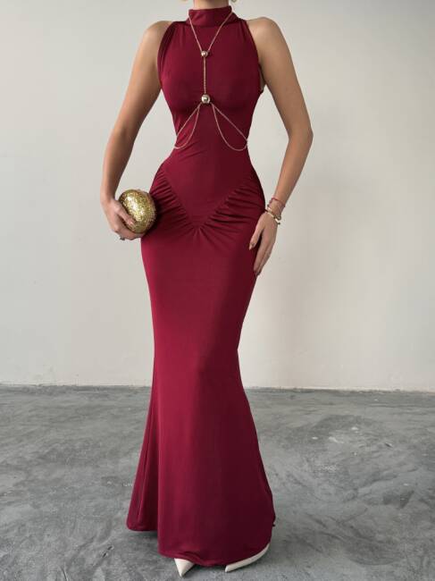 LUY Maxi Elbise 3097 - Bordo - 4