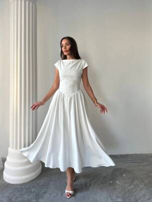 MAGNOLİA Sırt Dekolteli Midi Elbise 1220 - Beyaz - MAXMOOR