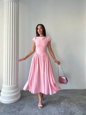 MAGNOLİA Sırt Dekolteli Midi Elbise 1220 - Pembe - MAXMOOR