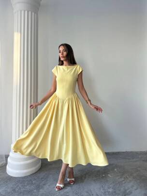 MAGNOLİA Sırt Dekolteli Midi Elbise 1220 - Sarı - MAXMOOR