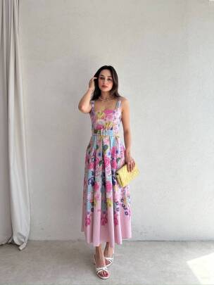 MARİNA Midi Çiçek Kemerli Elbise 3056 - Pembe - MAXMOOR
