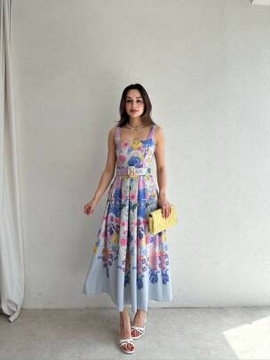 MARİNA Midi Çiçek Kemerli Elbise 3056 - Mavi - MAXMOOR