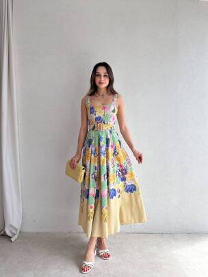 MARİNA Midi Çiçek Kemerli Elbise 3056 - Sarı - MAXMOOR