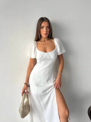 MİA AEROBİN KETEN KUMAŞ YIRTMAÇLI U YAKA MİDİ BEYAZ ELBİSE - MAXMOOR