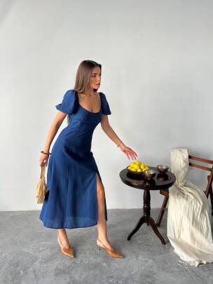 MİA AEROBİN KETEN KUMAŞ YIRTMAÇLI U YAKA MİDİ MAVİ ELBİSE - MAXMOOR