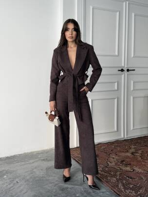 MİLA Ceket Pantolon Takım 3084 - Kahverengi - MAXMOOR