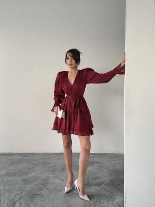 MİRELLE Mini Elbise 1298 - Bordo - MAXMOOR