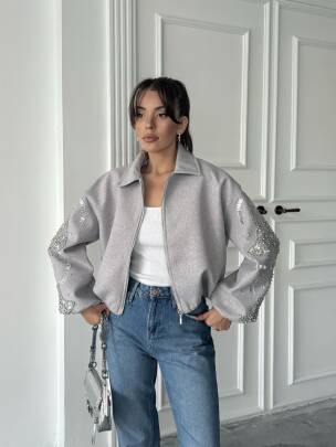 NASTUR Bomber Taşlı Ceket 5274 - Gri - MAXMOOR