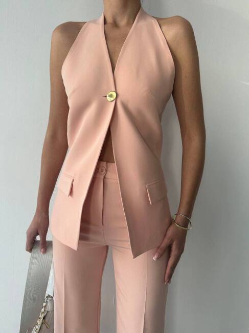 PABEL SIRT DEKOLTELİ ATLAS GOLD DÜĞMELİ KUMAŞ PEMBE TAKIM - 4