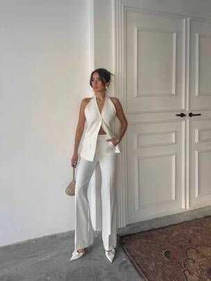 PABEL SIRT DEKOLTELİ ATLAS GOLD DÜĞMELİ KUMAŞ BEYAZ TAKIM - MAXMOOR