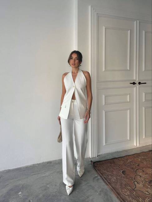 PABEL SIRT DEKOLTELİ ATLAS GOLD DÜĞMELİ KUMAŞ BEYAZ TAKIM - 3