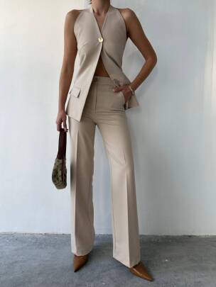 PABEL SIRT DEKOLTELİ ATLAS GOLD DÜĞMELİ KUMAŞ VİZON TAKIM - MAXMOOR