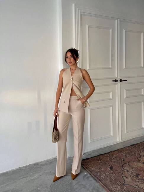 PABEL SIRT DEKOLTELİ ATLAS GOLD DÜĞMELİ KUMAŞ VİZON TAKIM - 2