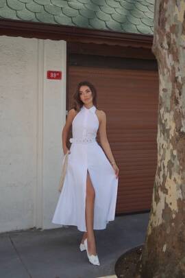 PLEASENTON Midi Elbise 2962 - Beyaz - MAXMOOR