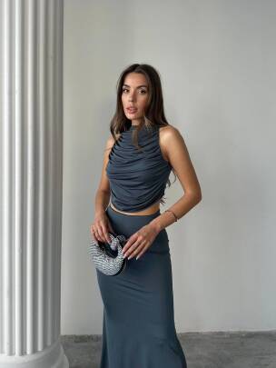 PLUS MAXİ ETEK DRAPELİ LİKRALI HALTER BLUZ ANTRASİT TAKIM - MAXMOOR