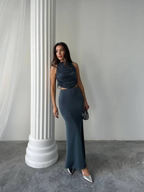 PLUS MAXİ ETEK DRAPELİ LİKRALI HALTER BLUZ ANTRASİT TAKIM - 2