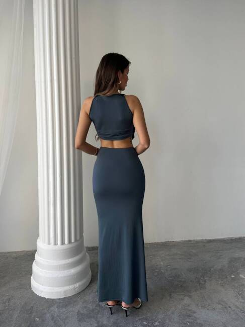 PLUS MAXİ ETEK DRAPELİ LİKRALI HALTER BLUZ ANTRASİT TAKIM - 3