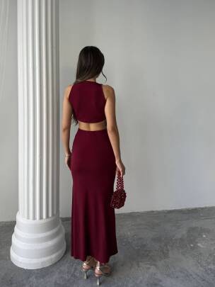 PLUS MAXİ ETEK DRAPELİ LİKRALI HALTER BLUZ BORDO TAKIM - MAXMOOR