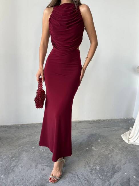 PLUS MAXİ ETEK DRAPELİ LİKRALI HALTER BLUZ BORDO TAKIM - 2