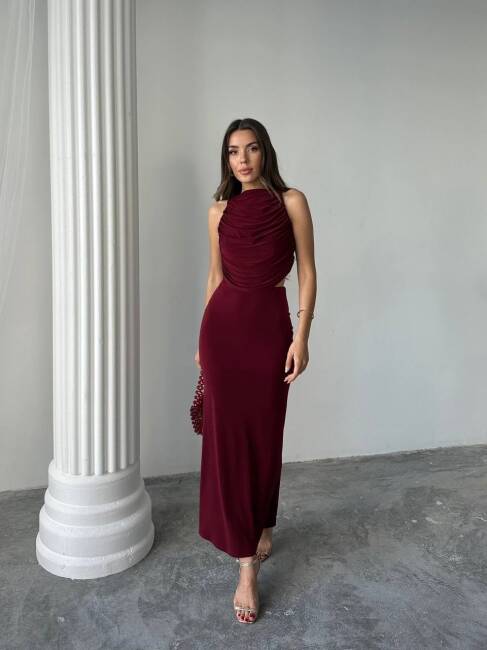 PLUS MAXİ ETEK DRAPELİ LİKRALI HALTER BLUZ BORDO TAKIM - 3