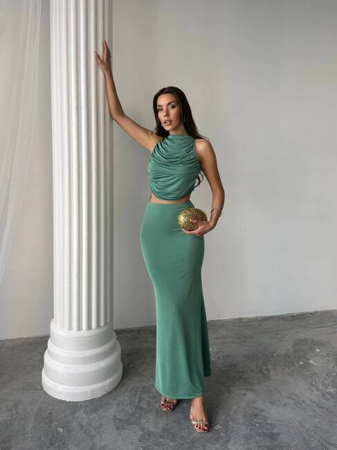 PLUS MAXİ ETEK DRAPELİ LİKRALI HALTER BLUZ MİNT YEŞİLİ TAKIM - 4