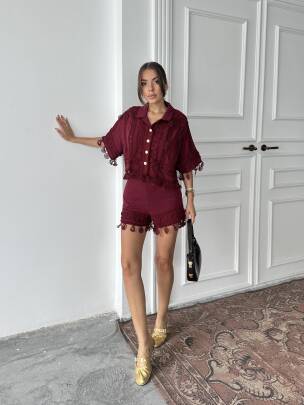 PRİMROSE Gömlek - Şort Takım 2224 - Bordo - MAXMOOR