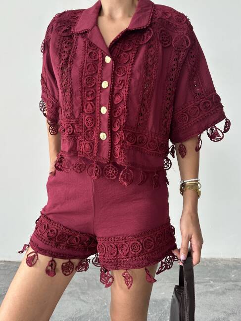 PRİMROSE Gömlek - Şort Takım 2224 - Bordo - 4