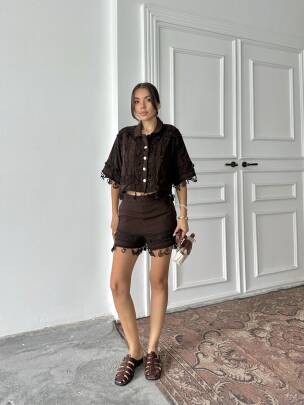 PRİMROSE Gömlek - Şort Takım 2224 - Kahverengi - MAXMOOR