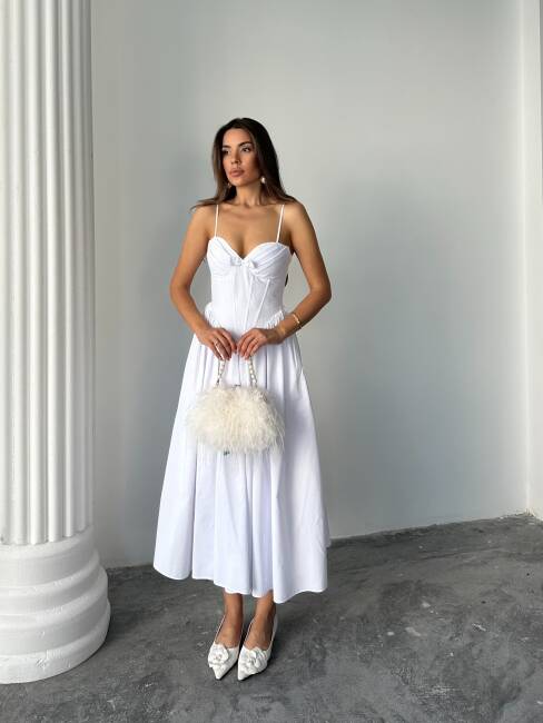 ROSESA KORSAJ DETAY MİDİ POPLİN BEYAZ ELBİSE - 1