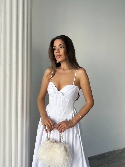 ROSESA KORSAJ DETAY MİDİ POPLİN BEYAZ ELBİSE - 3