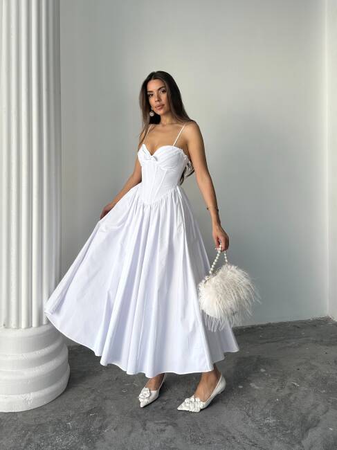 ROSESA KORSAJ DETAY MİDİ POPLİN BEYAZ ELBİSE - 4