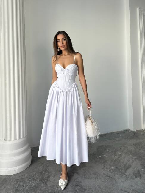 ROSESA KORSAJ DETAY MİDİ POPLİN BEYAZ ELBİSE - 5