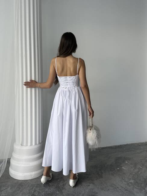 ROSESA KORSAJ DETAY MİDİ POPLİN BEYAZ ELBİSE - 6