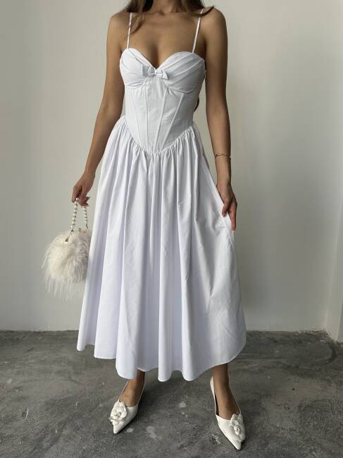 ROSESA KORSAJ DETAY MİDİ POPLİN BEYAZ ELBİSE - 2