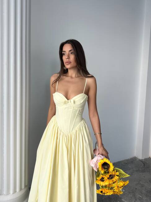 ROSESA KORSAJ DETAY MİDİ POPLİN SARI ELBİSE 1210 - 2