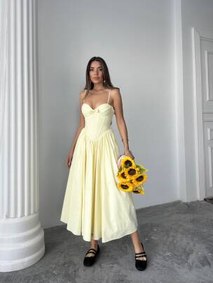 ROSESA KORSAJ DETAY MİDİ POPLİN SARI ELBİSE 1210 - MAXMOOR