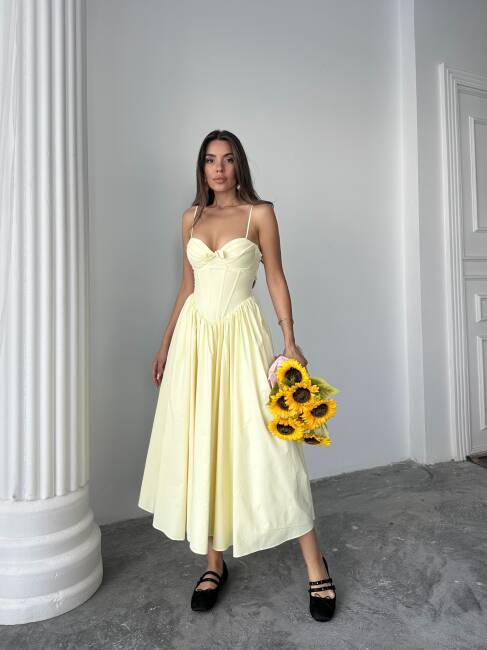 ROSESA KORSAJ DETAY MİDİ POPLİN SARI ELBİSE 1210 - 1