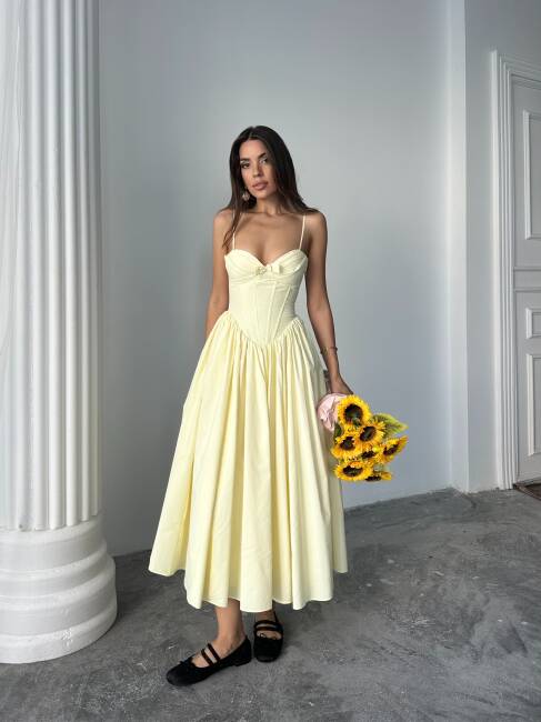 ROSESA KORSAJ DETAY MİDİ POPLİN SARI ELBİSE 1210 - 4
