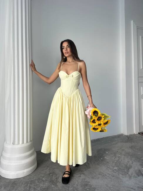 ROSESA KORSAJ DETAY MİDİ POPLİN SARI ELBİSE 1210 - 5