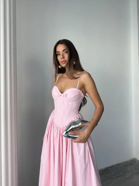 ROSESA KORSAJ DETAY MİDİ POPLİN PEMBE ELBİSE - 2