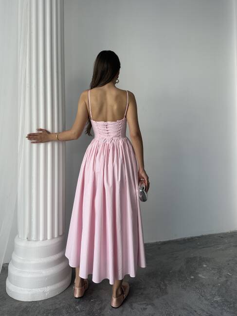 ROSESA KORSAJ DETAY MİDİ POPLİN PEMBE ELBİSE - 3