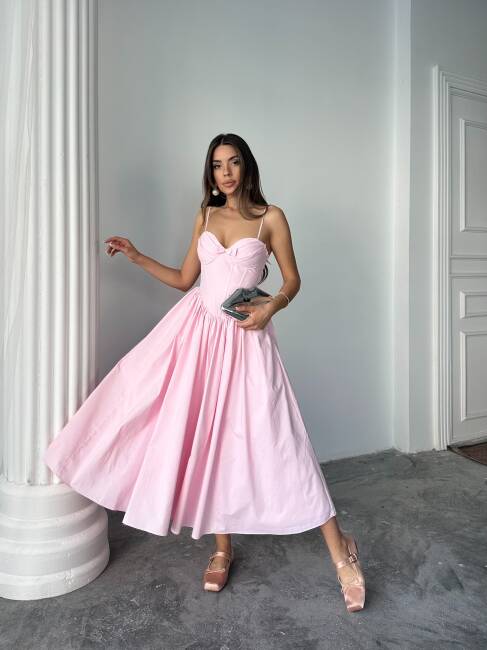 ROSESA KORSAJ DETAY MİDİ POPLİN PEMBE ELBİSE - 4