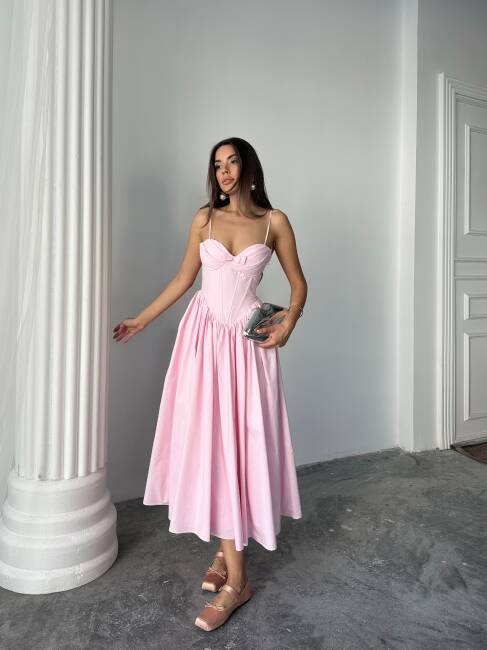 ROSESA KORSAJ DETAY MİDİ POPLİN PEMBE ELBİSE - 1