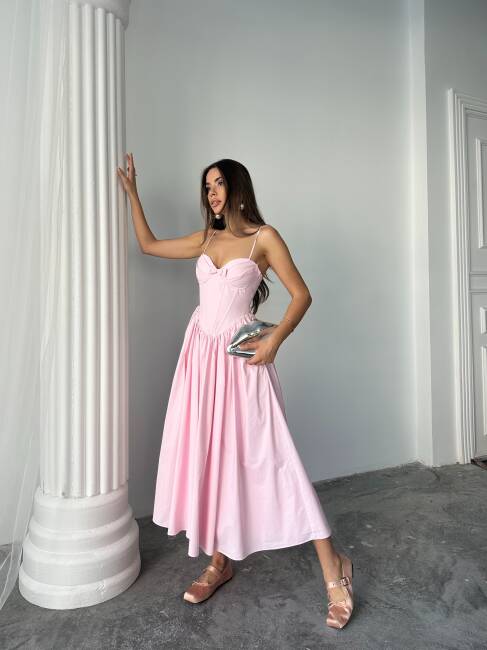 ROSESA KORSAJ DETAY MİDİ POPLİN PEMBE ELBİSE - 5
